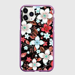 Чехол iPhone 11 Pro матовый Красно-белые цветы на чёрном фоне, цвет: 3D-фиолетовый