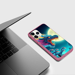 Чехол iPhone 11 Pro матовый Японский свирепый дракон на фоне луны, цвет: 3D-малиновый — фото 2