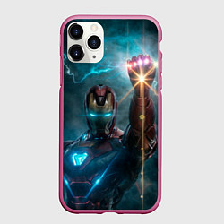 Чехол iPhone 11 Pro матовый Железный человек с перчаткой бесконечности, цвет: 3D-малиновый