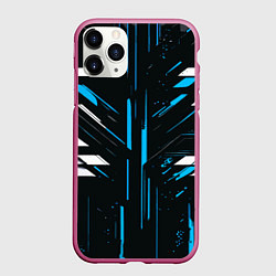 Чехол iPhone 11 Pro матовый Сине-белые полосы и точки на чёрном фоне, цвет: 3D-малиновый