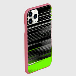 Чехол iPhone 11 Pro матовый Белые вертикальные полосы на чёрно-зелёном фоне, цвет: 3D-малиновый — фото 2