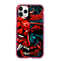 Чехол iPhone 11 Pro матовый Механический демон они и самурай, цвет: 3D-малиновый