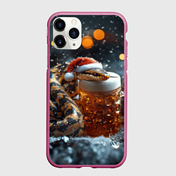 Чехол iPhone 11 Pro матовый Новогодняя змея и кружка пива, цвет: 3D-малиновый