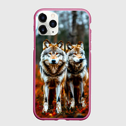 Чехол iPhone 11 Pro матовый Волки в осеннем лесу, цвет: 3D-малиновый