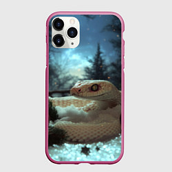 Чехол iPhone 11 Pro матовый Белая змея и новогодние шары, цвет: 3D-малиновый