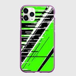 Чехол iPhone 11 Pro матовый Чёрно-белые глитч полосы на зелёном фоне, цвет: 3D-фиолетовый