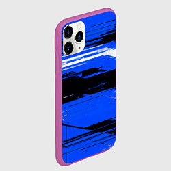 Чехол iPhone 11 Pro матовый Горизонтальные чёрно-белые линии на синем фоне, цвет: 3D-фиолетовый — фото 2