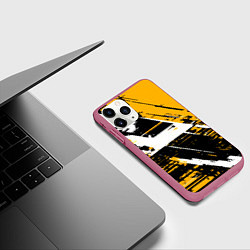 Чехол iPhone 11 Pro матовый Diagonal black and white stripes on a yellow backg, цвет: 3D-малиновый — фото 2