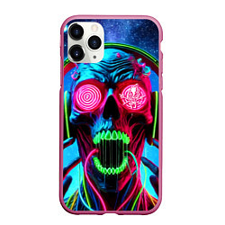 Чехол iPhone 11 Pro матовый Metallica - neon skull with headphones, цвет: 3D-малиновый