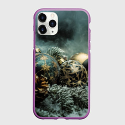 Чехол iPhone 11 Pro матовый Золотые и зеленые елочные шары, цвет: 3D-фиолетовый