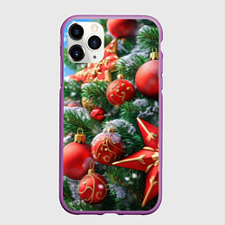 Чехол iPhone 11 Pro матовый Красные шары и звезда новогодняя, цвет: 3D-фиолетовый