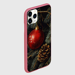 Чехол iPhone 11 Pro матовый Красные новогодние шары с шишкой, цвет: 3D-малиновый — фото 2