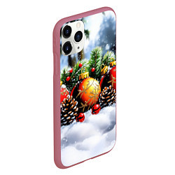 Чехол iPhone 11 Pro матовый Красные и желтый новогодние шары, цвет: 3D-малиновый — фото 2