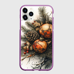 Чехол iPhone 11 Pro матовый Новогодние игрушки и шишки, цвет: 3D-фиолетовый
