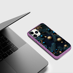 Чехол iPhone 11 Pro матовый Золотые и синие новогодние шары, цвет: 3D-фиолетовый — фото 2