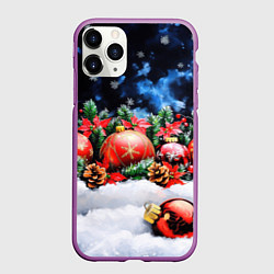 Чехол iPhone 11 Pro матовый Новогодние игрушки на снегу, цвет: 3D-фиолетовый