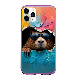 Чехол iPhone 11 Pro матовый Капибара в стене, цвет: 3D-фиолетовый
