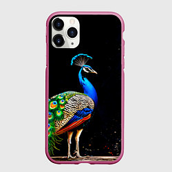 Чехол iPhone 11 Pro матовый Павлин на черном, цвет: 3D-малиновый