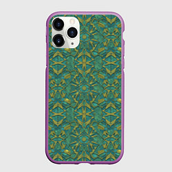 Чехол iPhone 11 Pro матовый Зеленый орнамент с желтым, цвет: 3D-фиолетовый