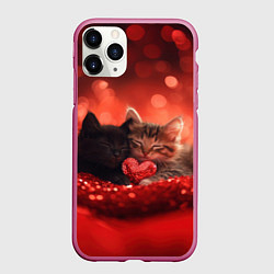 Чехол iPhone 11 Pro матовый Влюбленные котята с сердечком, цвет: 3D-малиновый