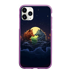 Чехол iPhone 11 Pro матовый Влюбленные волки под луной, цвет: 3D-фиолетовый