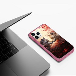 Чехол iPhone 11 Pro матовый Волк и волчица в бутонах цветов, цвет: 3D-малиновый — фото 2