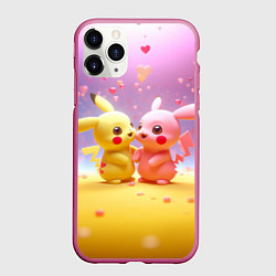 Чехол iPhone 11 Pro матовый Желтые и розовый Пикачу, цвет: 3D-малиновый