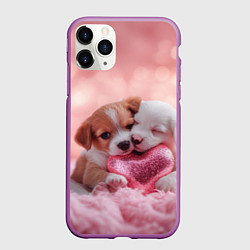 Чехол iPhone 11 Pro матовый Милые щенки и сердце, цвет: 3D-фиолетовый