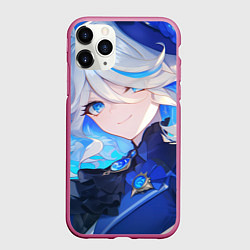 Чехол iPhone 11 Pro матовый Genshin Impact Furina лёгкая улыбка на фоне неба, цвет: 3D-малиновый