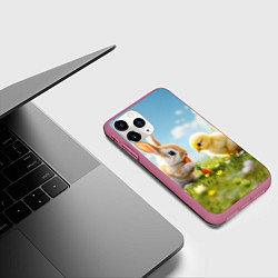 Чехол iPhone 11 Pro матовый Кролик и цыпленок встречают Пасху, цвет: 3D-малиновый — фото 2