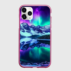 Чехол iPhone 11 Pro матовый Северное сияние над горами - неоновое свечение, цвет: 3D-малиновый