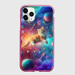 Чехол iPhone 11 Pro матовый Рыжий космический котёнок - неоновое свечение, цвет: 3D-малиновый