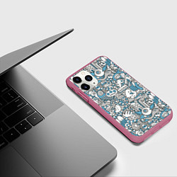 Чехол iPhone 11 Pro матовый Дудлинг серо-голубой, цвет: 3D-малиновый — фото 2