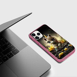 Чехол iPhone 11 Pro матовый Белая единорожка на черном фоне, цвет: 3D-малиновый — фото 2