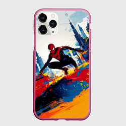 Чехол iPhone 11 Pro матовый Человек - паук и пролитая краска, цвет: 3D-малиновый