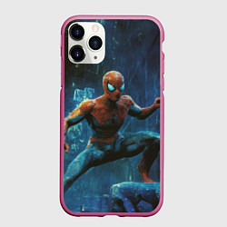 Чехол iPhone 11 Pro матовый Человек - паук в ночном городе, цвет: 3D-малиновый