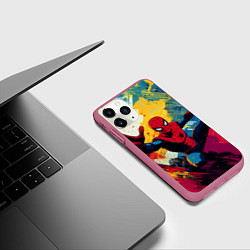 Чехол iPhone 11 Pro матовый Человек паук висит на паутине, цвет: 3D-малиновый — фото 2