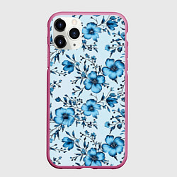 Чехол iPhone 11 Pro матовый Голубые цветы на светлом фоне паттерн, цвет: 3D-малиновый
