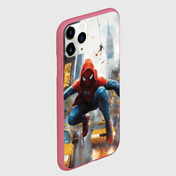 Чехол iPhone 11 Pro матовый Человек-паук пробирается сквозь такси, цвет: 3D-малиновый — фото 2