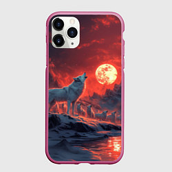 Чехол iPhone 11 Pro матовый Белый волк воет на луну, цвет: 3D-малиновый