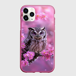 Чехол iPhone 11 Pro матовый Сова на ветке с розовыми цветами, цвет: 3D-малиновый