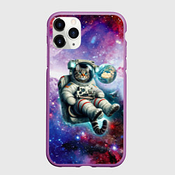 Чехол iPhone 11 Pro матовый Brave cat in space - ai art, цвет: 3D-фиолетовый
