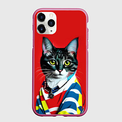 Чехол iPhone 11 Pro матовый Милая кисуля в модном пуловере - поп-арт, цвет: 3D-малиновый