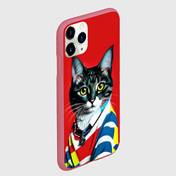Чехол iPhone 11 Pro матовый Милая кисуля в модном пуловере - поп-арт, цвет: 3D-малиновый — фото 2
