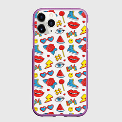Чехол iPhone 11 Pro матовый Паттерн с яркими молодежными стикерами, цвет: 3D-фиолетовый