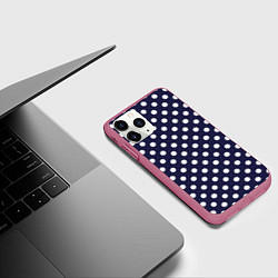 Чехол iPhone 11 Pro матовый Синий в белый горошек, цвет: 3D-малиновый — фото 2
