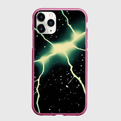 Чехол iPhone 11 Pro матовый Зеленый разлом на черном небе, цвет: 3D-малиновый