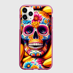Чехол iPhone 11 Pro матовый Цветочный череп среди бананов - нейроарт, цвет: 3D-малиновый