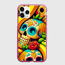 Чехол iPhone 11 Pro матовый Colorfull skulls and bananas - pop art pattern, цвет: 3D-малиновый