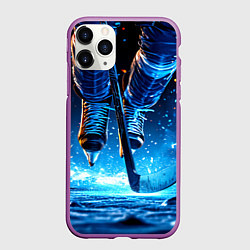 Чехол iPhone 11 Pro матовый Хоккеист в синем пламени, цвет: 3D-фиолетовый